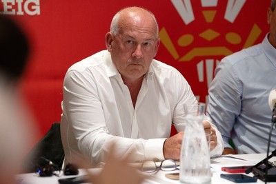 200825 - WRU Press Conference - Picture shows Richard Collier-Keywood, WRU Chairman, speaking at a press conference at the Principality Stadium in Cardiff, South Wales discussing the future of Elite Rugby in Wales