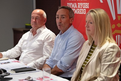200825 - WRU Press Conference - Picture shows left to right Richard Collier-Keywood, WRU Chairman, Dave Reddin, WRU Director of Rugby and Elite Performance and Abi Tierney, WRU Chief Executive speaking at a press conference at the Principality Stadium in Cardiff, South Wales discussing the future of Elite Rugby in Wales