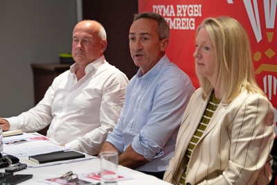200825 - WRU Press Conference - Picture shows left to right Richard Collier-Keywood, WRU Chairman, Dave Reddin, WRU Director of Rugby and Elite Performance and Abi Tierney, WRU Chief Executive speaking at a press conference at the Principality Stadium in Cardiff, South Wales discussing the future of Elite Rugby in Wales