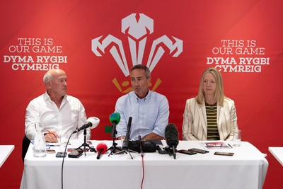 200825 - WRU Press Conference - Picture shows left to right Richard Collier-Keywood, WRU Chairman, Dave Reddin, WRU Director of Rugby and Elite Performance and Abi Tierney, WRU Chief Executive speaking at a press conference at the Principality Stadium in Cardiff, South Wales discussing the future of Elite Rugby in Wales