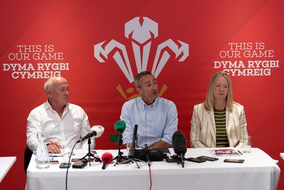 200825 - WRU Press Conference - Picture shows left to right Richard Collier-Keywood, WRU Chairman, Dave Reddin, WRU Director of Rugby and Elite Performance and Abi Tierney, WRU Chief Executive speaking at a press conference at the Principality Stadium in Cardiff, South Wales discussing the future of Elite Rugby in Wales