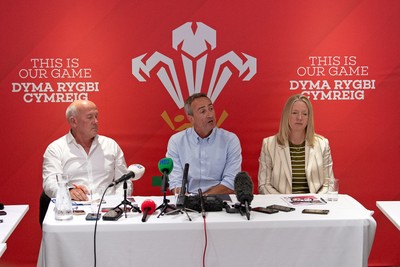 200825 - WRU Press Conference - Picture shows left to right Richard Collier-Keywood, WRU Chairman, Dave Reddin, WRU Director of Rugby and Elite Performance and Abi Tierney, WRU Chief Executive speaking at a press conference at the Principality Stadium in Cardiff, South Wales discussing the future of Elite Rugby in Wales