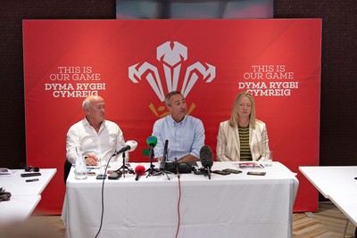 200825 - WRU Press Conference - Picture shows left to right Richard Collier-Keywood, WRU Chairman, Dave Reddin, WRU Director of Rugby and Elite Performance and Abi Tierney, WRU Chief Executive speaking at a press conference at the Principality Stadium in Cardiff, South Wales discussing the future of Elite Rugby in Wales