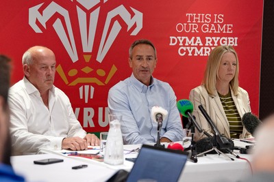 200825 - WRU Press Conference - Picture shows left to right Richard Collier-Keywood, WRU Chairman, Dave Reddin, WRU Director of Rugby and Elite Performance and Abi Tierney, WRU Chief Executive speaking at a press conference at the Principality Stadium in Cardiff, South Wales discussing the future of Elite Rugby in Wales