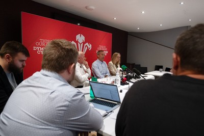 200825 - WRU Press Conference - Picture shows left to right Richard Collier-Keywood, WRU Chairman, Dave Reddin, WRU Director of Rugby and Elite Performance and Abi Tierney, WRU Chief Executive speaking at a press conference at the Principality Stadium in Cardiff, South Wales discussing the future of Elite Rugby in Wales