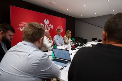 200825 - WRU Press Conference - Picture shows left to right Richard Collier-Keywood, WRU Chairman, Dave Reddin, WRU Director of Rugby and Elite Performance and Abi Tierney, WRU Chief Executive speaking at a press conference at the Principality Stadium in Cardiff, South Wales discussing the future of Elite Rugby in Wales