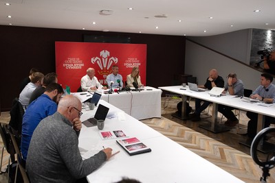 200825 - WRU Press Conference - Picture shows left to right Richard Collier-Keywood, WRU Chairman, Dave Reddin, WRU Director of Rugby and Elite Performance and Abi Tierney, WRU Chief Executive speaking at a press conference at the Principality Stadium in Cardiff, South Wales discussing the future of Elite Rugby in Wales