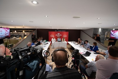 200825 - WRU Press Conference - Picture shows left to right Richard Collier-Keywood, WRU Chairman, Dave Reddin, WRU Director of Rugby and Elite Performance and Abi Tierney, WRU Chief Executive speaking at a press conference at the Principality Stadium in Cardiff, South Wales discussing the future of Elite Rugby in Wales