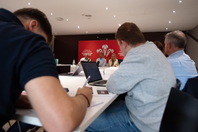 200825 - WRU Press Conference - Picture shows left to right Richard Collier-Keywood, WRU Chairman, Dave Reddin, WRU Director of Rugby and Elite Performance and Abi Tierney, WRU Chief Executive speaking at a press conference at the Principality Stadium in Cardiff, South Wales discussing the future of Elite Rugby in Wales