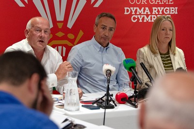 200825 - WRU Press Conference - Picture shows left to right Richard Collier-Keywood, WRU Chairman, Dave Reddin, WRU Director of Rugby and Elite Performance and Abi Tierney, WRU Chief Executive speaking at a press conference at the Principality Stadium in Cardiff, South Wales discussing the future of Elite Rugby in Wales