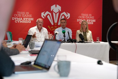 200825 - WRU Press Conference - Picture shows left to right Richard Collier-Keywood, WRU Chairman, Dave Reddin, WRU Director of Rugby and Elite Performance and Abi Tierney, WRU Chief Executive speaking at a press conference at the Principality Stadium in Cardiff, South Wales discussing the future of Elite Rugby in Wales