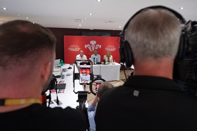 200825 - WRU Press Conference - Picture shows left to right Richard Collier-Keywood, WRU Chairman, Dave Reddin, WRU Director of Rugby and Elite Performance and Abi Tierney, WRU Chief Executive speaking at a press conference at the Principality Stadium in Cardiff, South Wales discussing the future of Elite Rugby in Wales
