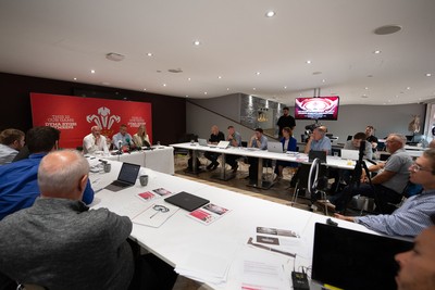 200825 - WRU Press Conference - Picture shows left to right Richard Collier-Keywood, WRU Chairman, Dave Reddin, WRU Director of Rugby and Elite Performance and Abi Tierney, WRU Chief Executive speaking at a press conference at the Principality Stadium in Cardiff, South Wales discussing the future of Elite Rugby in Wales