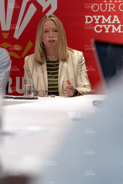 200825 - WRU Press Conference - Picture shows Abi Tierney, WRU Chief Executive, speaking at a press conference at the Principality Stadium in Cardiff, South Wales discussing the future of Elite Rugby in Wales