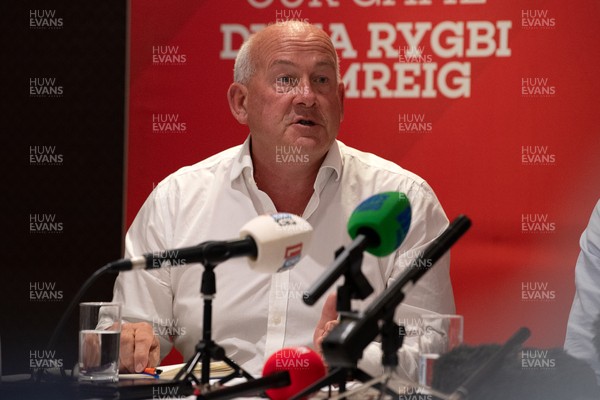 200825 - WRU Press Conference - Picture shows Richard Collier-Keywood, WRU Chairman, speaking at a press conference at the Principality Stadium in Cardiff, South Wales discussing the future of Elite Rugby in Wales