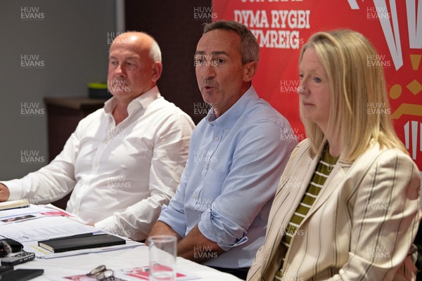 200825 - WRU Press Conference - Picture shows left to right Richard Collier-Keywood, WRU Chairman, Dave Reddin, WRU Director of Rugby and Elite Performance and Abi Tierney, WRU Chief Executive speaking at a press conference at the Principality Stadium in Cardiff, South Wales discussing the future of Elite Rugby in Wales
