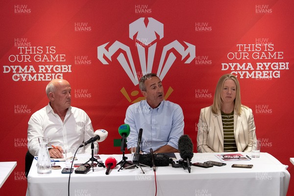 200825 - WRU Press Conference - Picture shows left to right Richard Collier-Keywood, WRU Chairman, Dave Reddin, WRU Director of Rugby and Elite Performance and Abi Tierney, WRU Chief Executive speaking at a press conference at the Principality Stadium in Cardiff, South Wales discussing the future of Elite Rugby in Wales