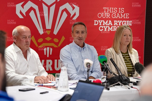 200825 - WRU Press Conference - Picture shows left to right Richard Collier-Keywood, WRU Chairman, Dave Reddin, WRU Director of Rugby and Elite Performance and Abi Tierney, WRU Chief Executive speaking at a press conference at the Principality Stadium in Cardiff, South Wales discussing the future of Elite Rugby in Wales