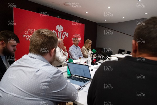 200825 - WRU Press Conference - Picture shows left to right Richard Collier-Keywood, WRU Chairman, Dave Reddin, WRU Director of Rugby and Elite Performance and Abi Tierney, WRU Chief Executive speaking at a press conference at the Principality Stadium in Cardiff, South Wales discussing the future of Elite Rugby in Wales