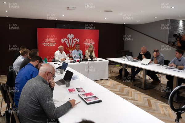 200825 - WRU Press Conference - Picture shows left to right Richard Collier-Keywood, WRU Chairman, Dave Reddin, WRU Director of Rugby and Elite Performance and Abi Tierney, WRU Chief Executive speaking at a press conference at the Principality Stadium in Cardiff, South Wales discussing the future of Elite Rugby in Wales