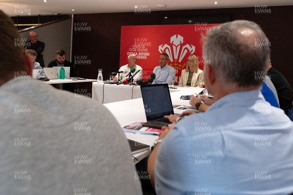 200825 - WRU Press Conference - Picture shows left to right Richard Collier-Keywood, WRU Chairman, Dave Reddin, WRU Director of Rugby and Elite Performance and Abi Tierney, WRU Chief Executive speaking at a press conference at the Principality Stadium in Cardiff, South Wales discussing the future of Elite Rugby in Wales