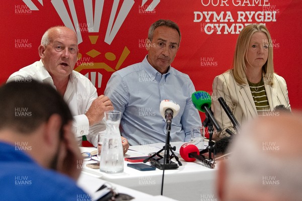 200825 - WRU Press Conference - Picture shows left to right Richard Collier-Keywood, WRU Chairman, Dave Reddin, WRU Director of Rugby and Elite Performance and Abi Tierney, WRU Chief Executive speaking at a press conference at the Principality Stadium in Cardiff, South Wales discussing the future of Elite Rugby in Wales