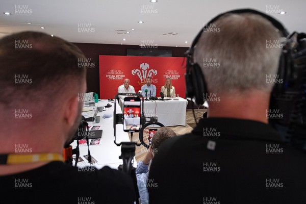 200825 - WRU Press Conference - Picture shows left to right Richard Collier-Keywood, WRU Chairman, Dave Reddin, WRU Director of Rugby and Elite Performance and Abi Tierney, WRU Chief Executive speaking at a press conference at the Principality Stadium in Cardiff, South Wales discussing the future of Elite Rugby in Wales