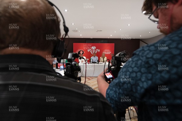 200825 - WRU Press Conference - Picture shows left to right Richard Collier-Keywood, WRU Chairman, Dave Reddin, WRU Director of Rugby and Elite Performance and Abi Tierney, WRU Chief Executive speaking at a press conference at the Principality Stadium in Cardiff, South Wales discussing the future of Elite Rugby in Wales