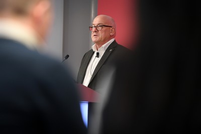 241025 - WRU Press Conference - Picture shows WRU chair Richard Collier-Keywood speaking in a press conference discussing the findings of the WRU’s recent review and consultation into the future of the elite game in Wales