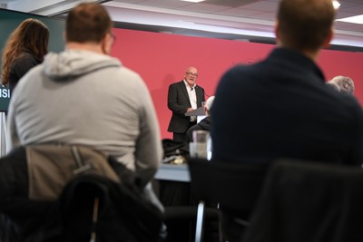241025 - WRU Press Conference - Picture shows WRU chair Richard Collier-Keywood speaking in a press conference discussing the findings of the WRU’s recent review and consultation into the future of the elite game in Wales