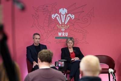 241025 - WRU Press Conference - Picture shows WRU Director of Rugby and Elite Performance Dave Reddin and Amanda Bennett, Independent Non-Executive Director and Chair of the Women’s Rugby Committee in a press conference discussing the findings of the WRU’s recent review and consultation into the future of the elite game in Wales