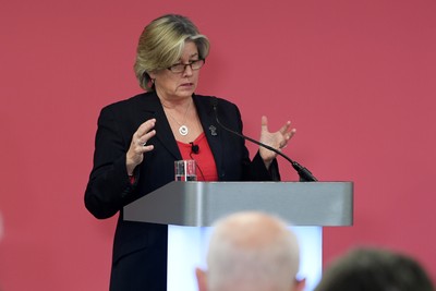 241025 - WRU Press Conference - Picture shows Amanda Bennett, Independent Non-Executive Director and Chair of the Women’s Rugby Committee speaking in a press conference discussing the findings of the WRU’s recent review and consultation into the future of the elite game in Wales