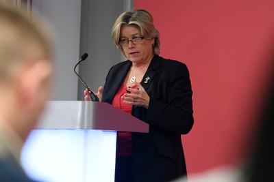 241025 - WRU Press Conference - Picture shows Amanda Bennett, Independent Non-Executive Director and Chair of the Women’s Rugby Committee speaking in a press conference discussing the findings of the WRU’s recent review and consultation into the future of the elite game in Wales