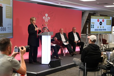 241025 - WRU Press Conference - Picture shows Amanda Bennett, Independent Non-Executive Director and Chair of the Women’s Rugby Committee speaking in a press conference discussing the findings of the WRU’s recent review and consultation into the future of the elite game in Wales