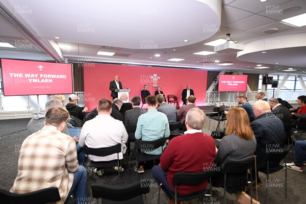 241025 - WRU Press Conference - Picture shows WRU chair Richard Collier-Keywood speaking in a press conference discussing the findings of the WRU’s recent review and consultation into the future of the elite game in Wales