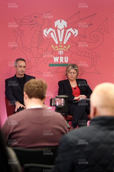 241025 - WRU Press Conference - Picture shows WRU Director of Rugby and Elite Performance Dave Reddin and Amanda Bennett, Independent Non-Executive Director and Chair of the Women’s Rugby Committee in a press conference discussing the findings of the WRU’s recent review and consultation into the future of the elite game in Wales