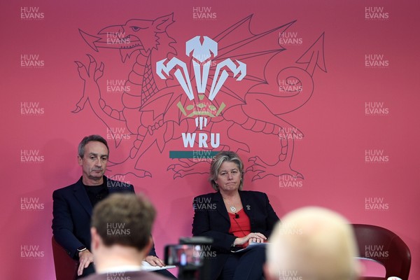 241025 - WRU Press Conference - Picture shows WRU Director of Rugby and Elite Performance Dave Reddin and Amanda Bennett, Independent Non-Executive Director and Chair of the Women’s Rugby Committee in a press conference discussing the findings of the WRU’s recent review and consultation into the future of the elite game in Wales