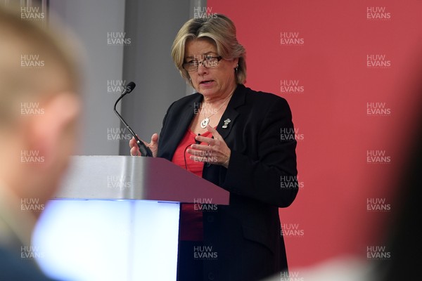 241025 - WRU Press Conference - Picture shows Amanda Bennett, Independent Non-Executive Director and Chair of the Women’s Rugby Committee speaking in a press conference discussing the findings of the WRU’s recent review and consultation into the future of the elite game in Wales