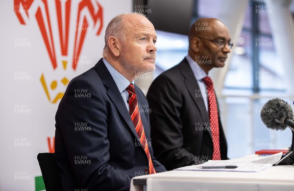 300123 - WRU Press Conference - Picture shows WRU Chairman Ieuan Evans speaking to the press this morning alongside Acting CEO Nigel Walker at Principality Stadium