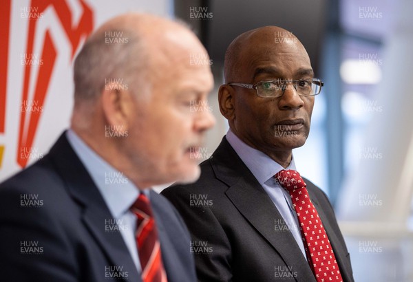 300123 - WRU Press Conference - Picture shows WRU Acting CEO Nigel Walker speaking to the press this morning alongside side Chairman Ieuan Evans at Principality Stadium