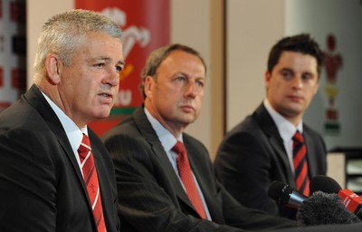 28.04.10 -  Principality Building Society Summer Test Launch - (L-R)Wales head coach Warren Gatland, Chief Operating Officer at Principality Building Society Graeme Yorston and WRU Group Sales and Marketing Manager Craig Maxwell announce the sponsorship deal for the Wales v South Africa match in June. 