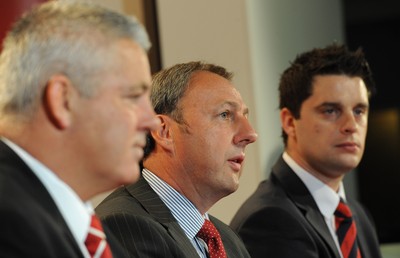 28.04.10 -  Principality Building Society Summer Test Launch - (L-R)Wales head coach Warren Gatland, Chief Operating Officer at Principality Building Society Graeme Yorston and WRU Group Sales and Marketing Manager Craig Maxwell announce the sponsorship deal for the Wales v South Africa match in June. 