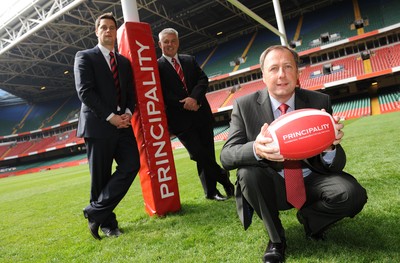 28.04.10 -  Principality Building Society Summer Test Launch - (L-R)WRU Group Sales and Marketing Manager Craig Maxwell, Wales head coach Warren Gatland and Chief Operating Officer at Principality Building Society Graeme Yorston during the announcement of the sponsorship deal for the Wales v South Africa match in June. 