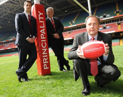 28.04.10 -  Principality Building Society Summer Test Launch - (L-R)WRU Group Sales and Marketing Manager Craig Maxwell, Wales head coach Warren Gatland and Chief Operating Officer at Principality Building Society Graeme Yorston during the announcement of the sponsorship deal for the Wales v South Africa match in June. 