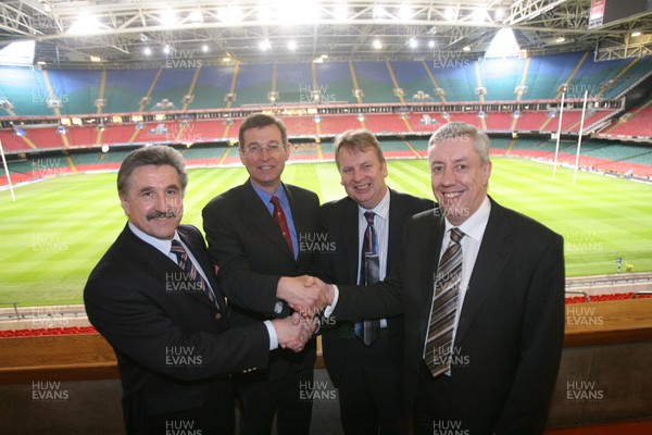 13.03.08 WRU Welsh Language Initiative... L-R Gerald Davies WRU ,Roger Lewis WRU Group Chief Executive,Rhodri Glyn Thomas Heritage Minister and Huw Jones Chief Executive of the Sports Council for Wales at the Millennium Stadium in Cardiff. Pics by Huw Evans, Cardiff