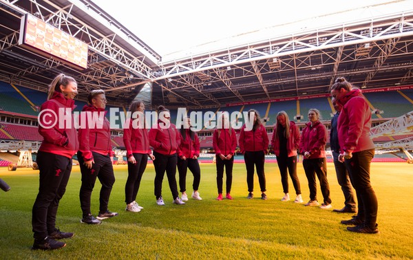 120122 - Welsh Rugby Union Women's Rugby Contracts - The first members of the Welsh Rugby Union Women's squad to be given full time contracts during the announcement at the Principality Stadium Left to right, Elinor Snowsill, Donna Rose, Lisa Neumann, Carys Phillips, Ffion Lewis, Hannah Jones, Natalia John, Alisha Butchers, Kiera Bevan and Siwan Lillicrap with WRU Group Chief Executive Steve Phillips