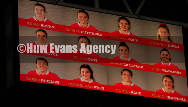 120122 - Welsh Rugby Union Women's Rugby Contracts - A graphic on the big screen at the Principality Stadium showing the 12 players that the Welsh Rugby Union have given the first full time contracts for Women international players