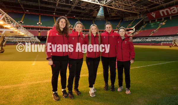 120122 - Welsh Rugby Union Women's Rugby Contracts - Wales internationals Natalia John, Elinor Snowsill, Alisha Butchers, Siwan Lillicrap and Kiera Bevan, who all play for Bristol Bears at the Principality Stadium as the Welsh Rugby Union announce the first 12 full time contracts for Women international players