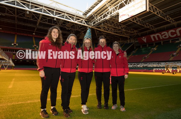 120122 - Welsh Rugby Union Women's Rugby Contracts - Wales internationals Natalia John, Elinor Snowsill, Alisha Butchers, Siwan Lillicrap and Kiera Bevan, who all play for Bristol Bears at the Principality Stadium as the Welsh Rugby Union announce the first 12 full time contracts for Women international players
