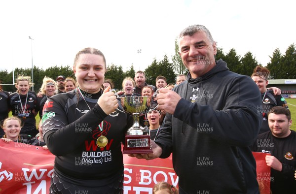 200517 - WRU Women's Super Cup Finals Day - Abergele v Burry Port - Bowl Final -  Captain of Burry Port Llinos Rees receives the Bowl Final trophy from Roland Phillips 